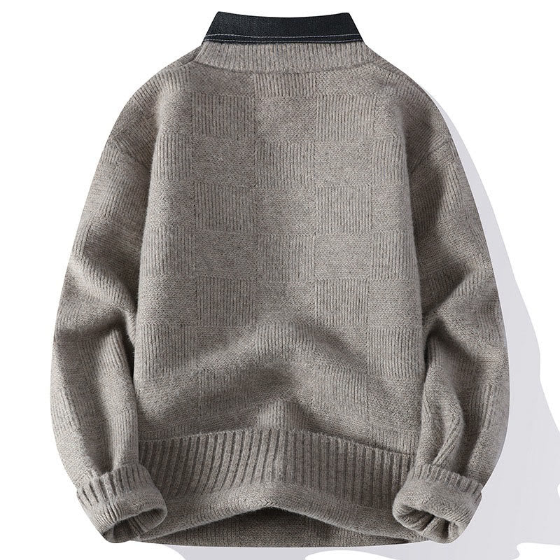 Ciepły męski sweter z długim rękawem z dzianiny Buddha Stones Winter Black Stand Collar w kratę - image 1