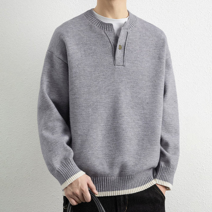 Zimowy sweter męski z długim rękawem i dekoltem w serek, zapinany na jeden guzik, z motywem Buddha Stones - Jasnoszary - US/UK/AU44， EU54 (4XL) - image 0