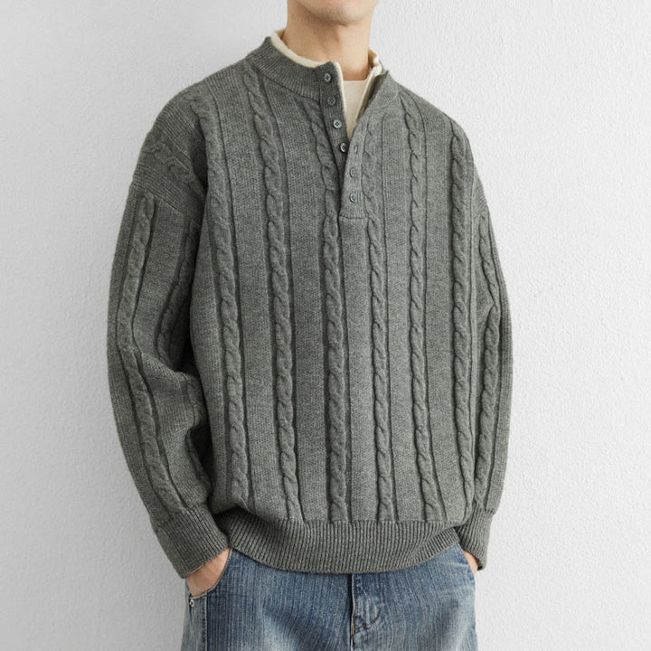 Zimowy sweter męski z długim rękawem i dekoltem w serek z Buddha Stones , z guzikami i skręconym wzorem - image 8