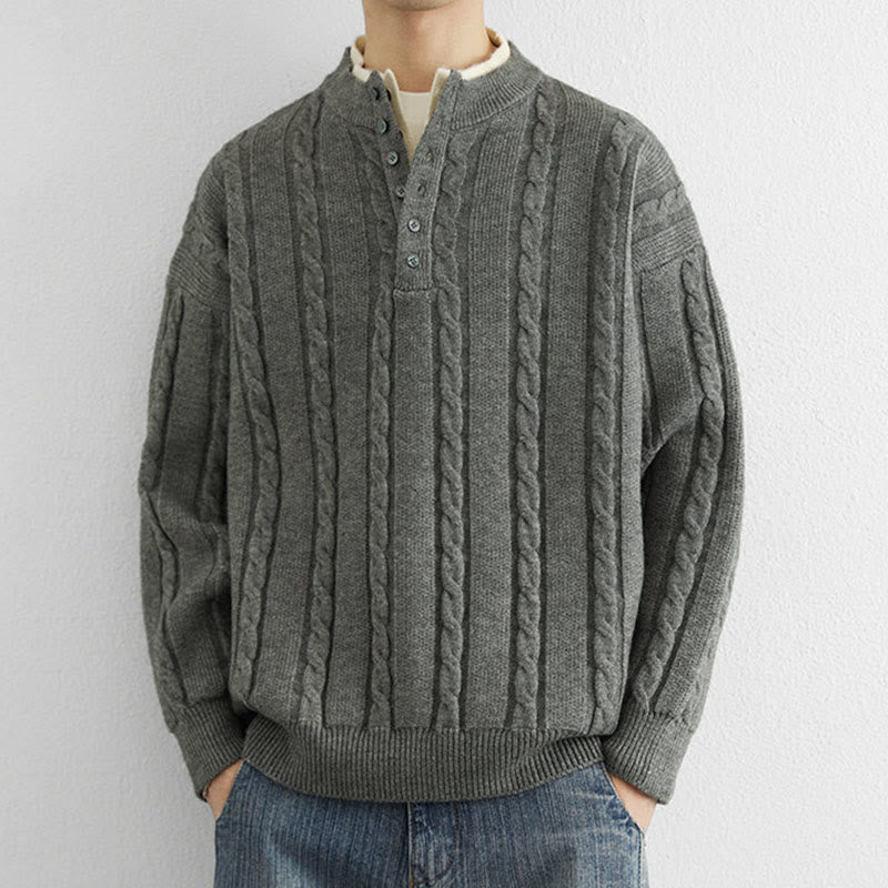 Zimowy sweter męski z długim rękawem i dekoltem w serek z Buddha Stones , z guzikami i skręconym wzorem - image 7