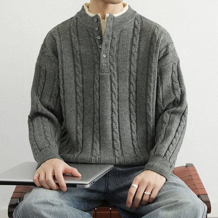Zimowy sweter męski z długim rękawem i dekoltem w serek z Buddha Stones , z guzikami i skręconym wzorem - image 11