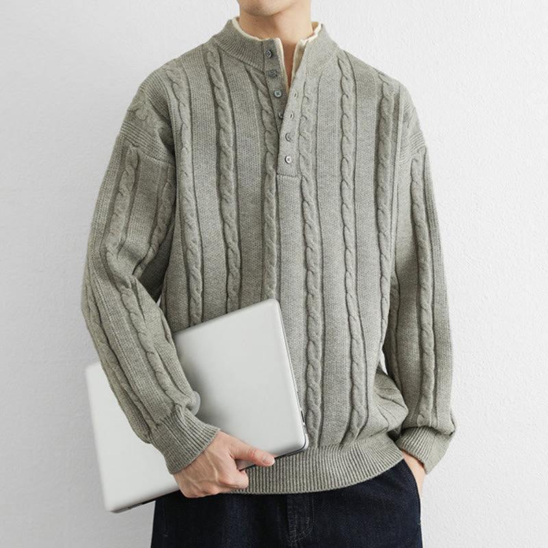 Zimowy sweter męski z długim rękawem i dekoltem w serek z Buddha Stones , z guzikami i skręconym wzorem - image 15