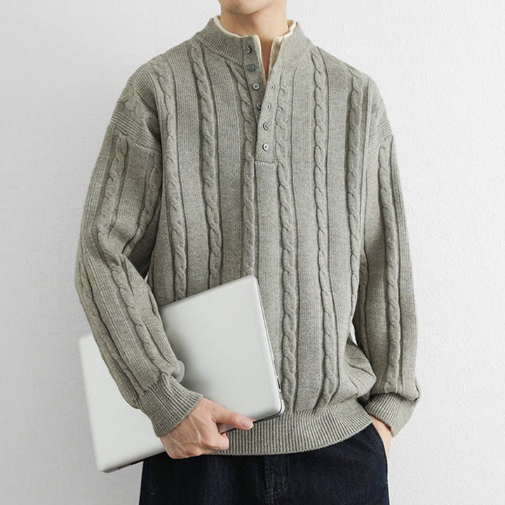 Zimowy sweter męski z długim rękawem i dekoltem w serek z Buddha Stones , z guzikami i skręconym wzorem - image 15