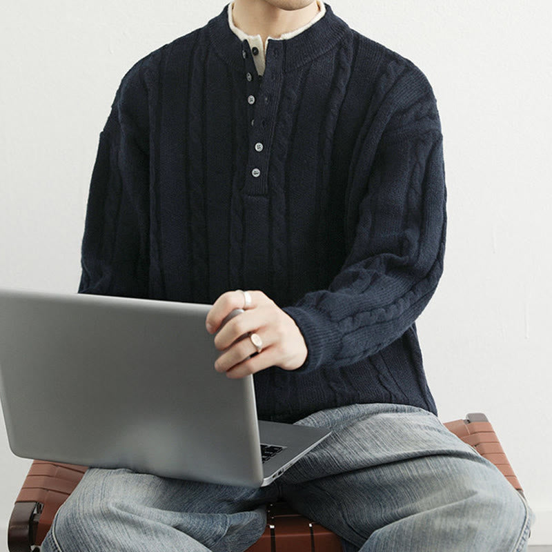 Zimowy sweter męski z długim rękawem i dekoltem w serek z Buddha Stones , z guzikami i skręconym wzorem - image 5