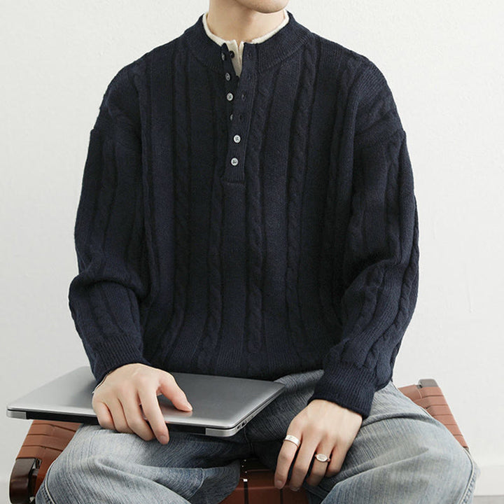 Zimowy sweter męski z długim rękawem i dekoltem w serek z Buddha Stones , z guzikami i skręconym wzorem - image 4