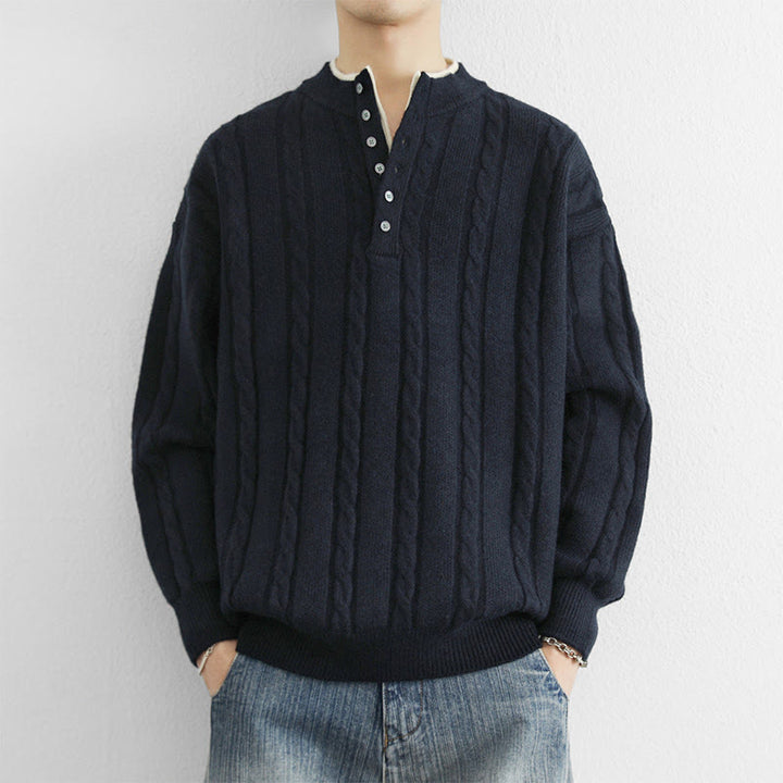 Zimowy sweter męski z długim rękawem i dekoltem w serek z Buddha Stones , z guzikami i skręconym wzorem - MidnightBlue - US/UK/AU44， EU54 (4XL) - image 0