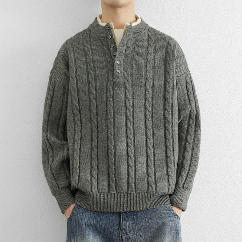 Zimowy sweter męski z długim rękawem i dekoltem w serek z Buddha Stones , z guzikami i skręconym wzorem - Ciemnoszary - US/UK/AU44， EU54 (4XL) - image 6
