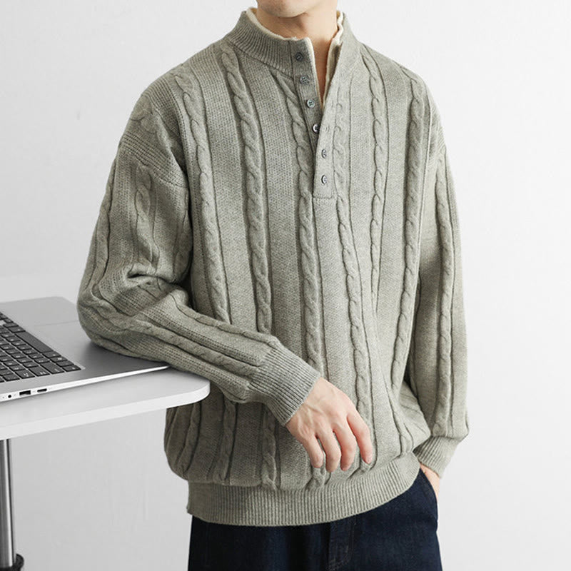 Zimowy sweter męski z długim rękawem i dekoltem w serek z Buddha Stones , z guzikami i skręconym wzorem - image 17