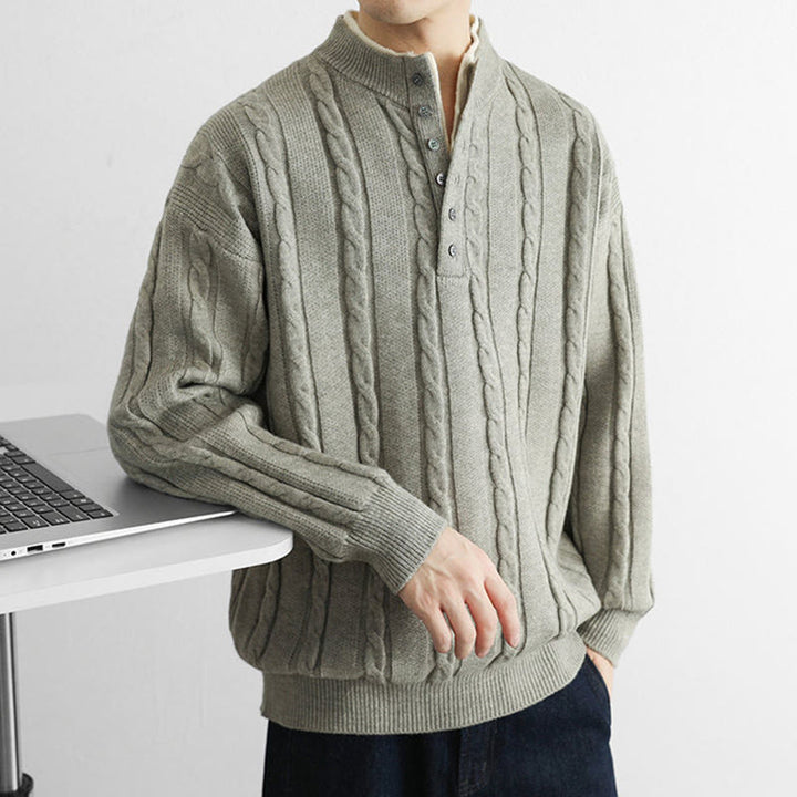 Zimowy sweter męski z długim rękawem i dekoltem w serek z Buddha Stones , z guzikami i skręconym wzorem - image 17