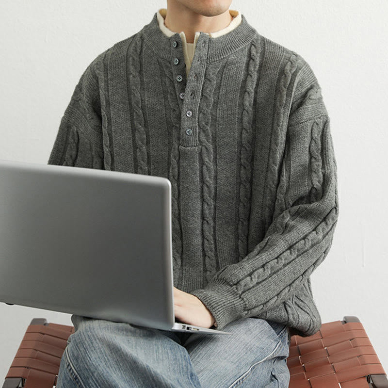 Zimowy sweter męski z długim rękawem i dekoltem w serek z Buddha Stones , z guzikami i skręconym wzorem - image 12