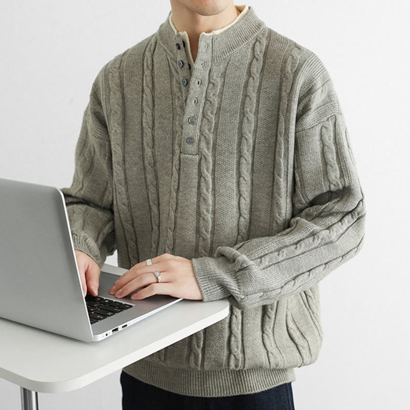 Zimowy sweter męski z długim rękawem i dekoltem w serek z Buddha Stones , z guzikami i skręconym wzorem - image 18