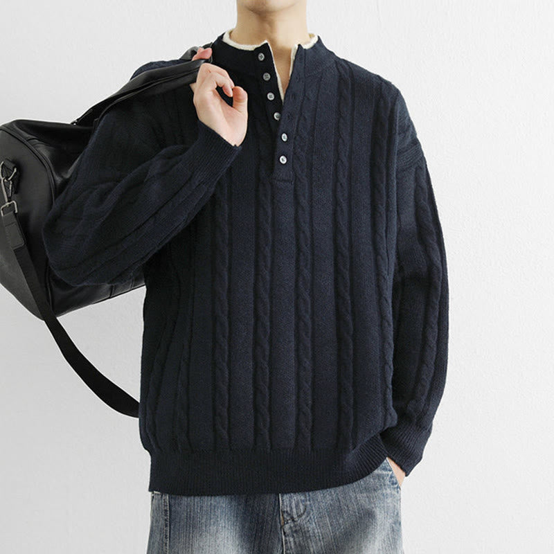 Zimowy sweter męski z długim rękawem i dekoltem w serek z Buddha Stones , z guzikami i skręconym wzorem - image 3