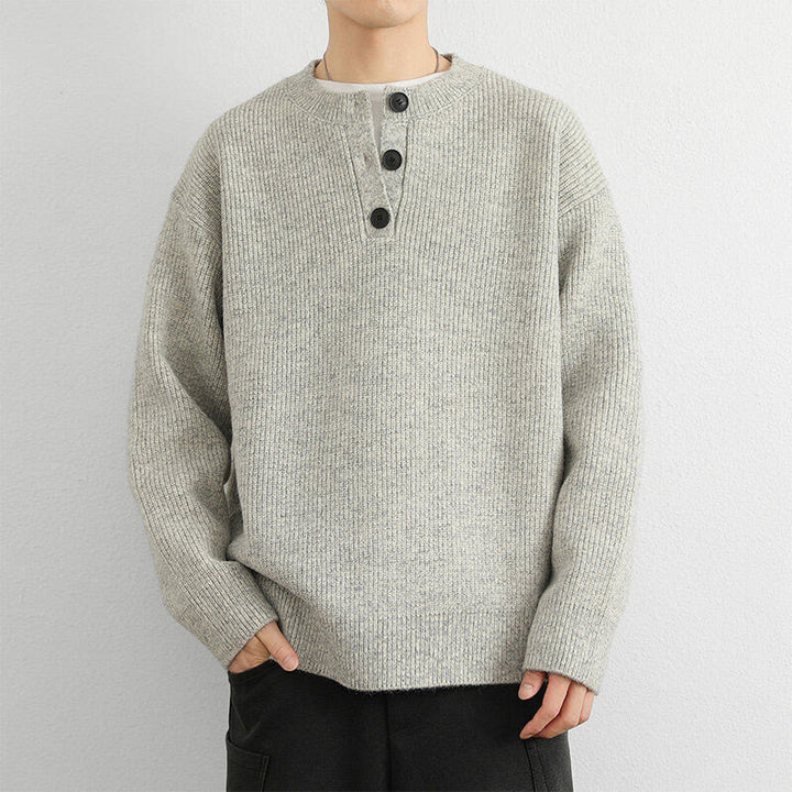 Zimowy sweter męski z długim rękawem i dekoltem w serek z prążkowanym wzorem i guzikami w kształcie Buddha Stones - Bielizna - US/UK/AU42， EU52 (3XL) - image 5