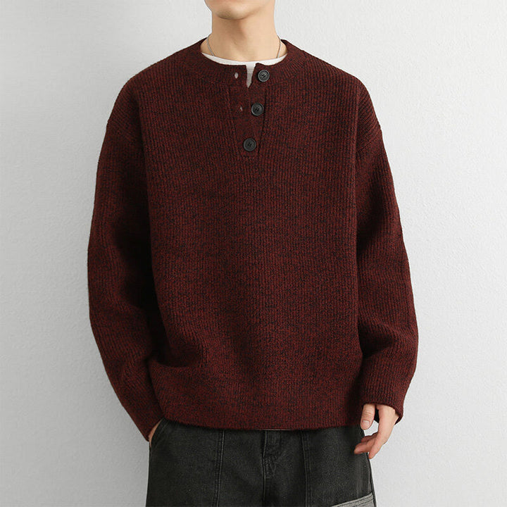 Zimowy sweter męski z długim rękawem i dekoltem w serek z prążkowanym wzorem i guzikami w kształcie Buddha Stones - Ciemnoczerwony - US/UK/AU42， EU52 (3XL) - image 12