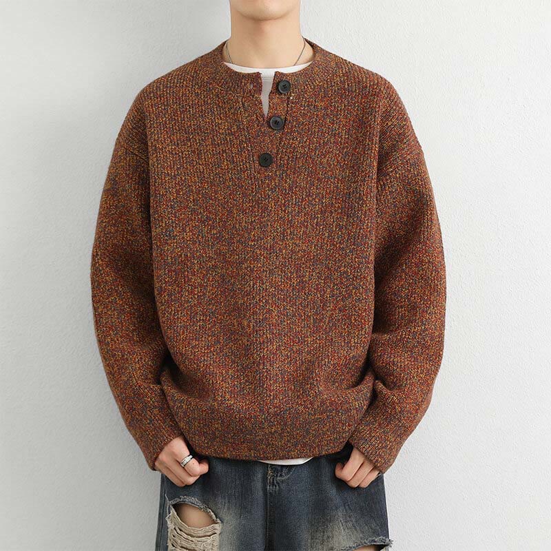 Zimowy sweter męski z długim rękawem i dekoltem w serek z prążkowanym wzorem i guzikami w kształcie Buddha Stones - Czekolada - US/UK/AU42， EU52 (3XL) - image 0