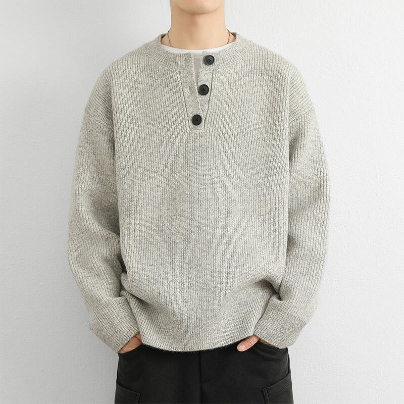 Zimowy sweter męski z długim rękawem i dekoltem w serek z prążkowanym wzorem i guzikami w kształcie Buddha Stones - image 7
