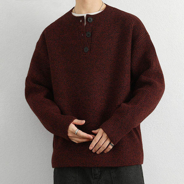 Zimowy sweter męski z długim rękawem i dekoltem w serek z prążkowanym wzorem i guzikami w kształcie Buddha Stones - image 14