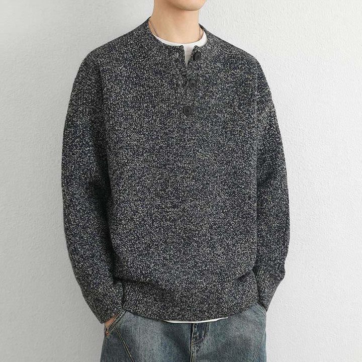 Zimowy sweter męski z długim rękawem i dekoltem w serek z prążkowanym wzorem i guzikami w kształcie Buddha Stones - image 19