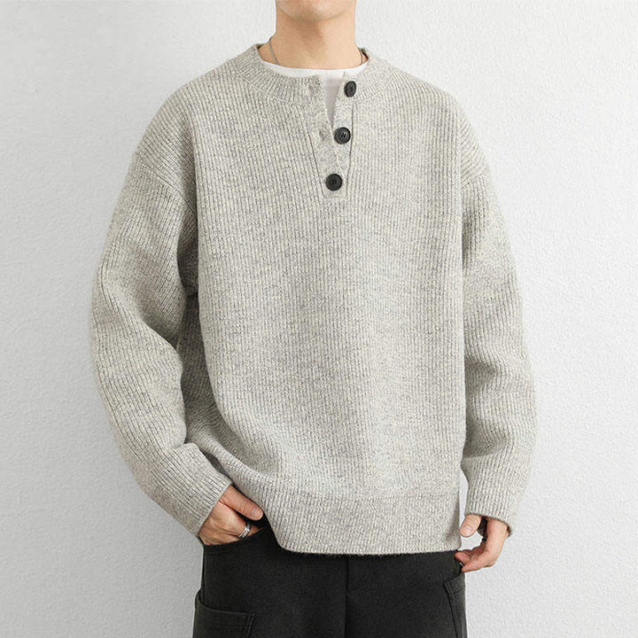 Zimowy sweter męski z długim rękawem i dekoltem w serek z prążkowanym wzorem i guzikami w kształcie Buddha Stones - image 6