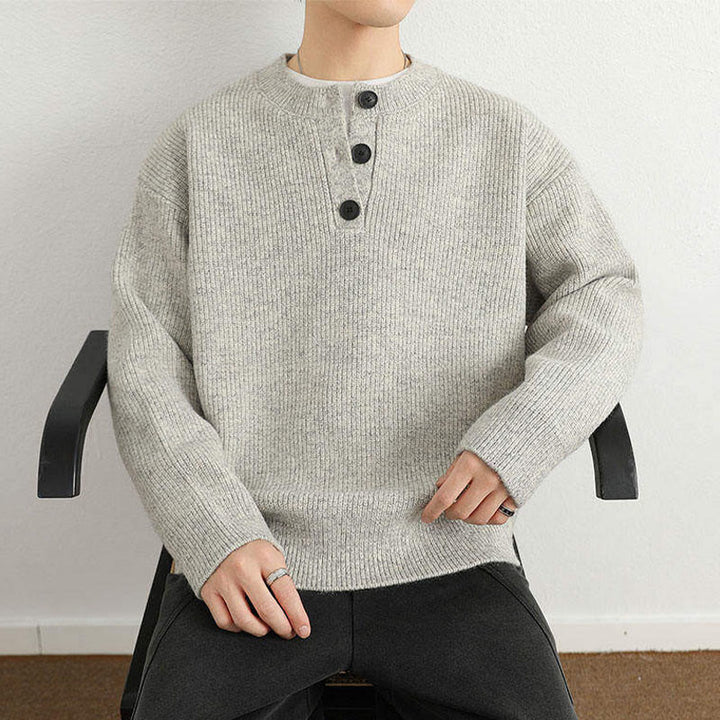 Zimowy sweter męski z długim rękawem i dekoltem w serek z prążkowanym wzorem i guzikami w kształcie Buddha Stones - image 11