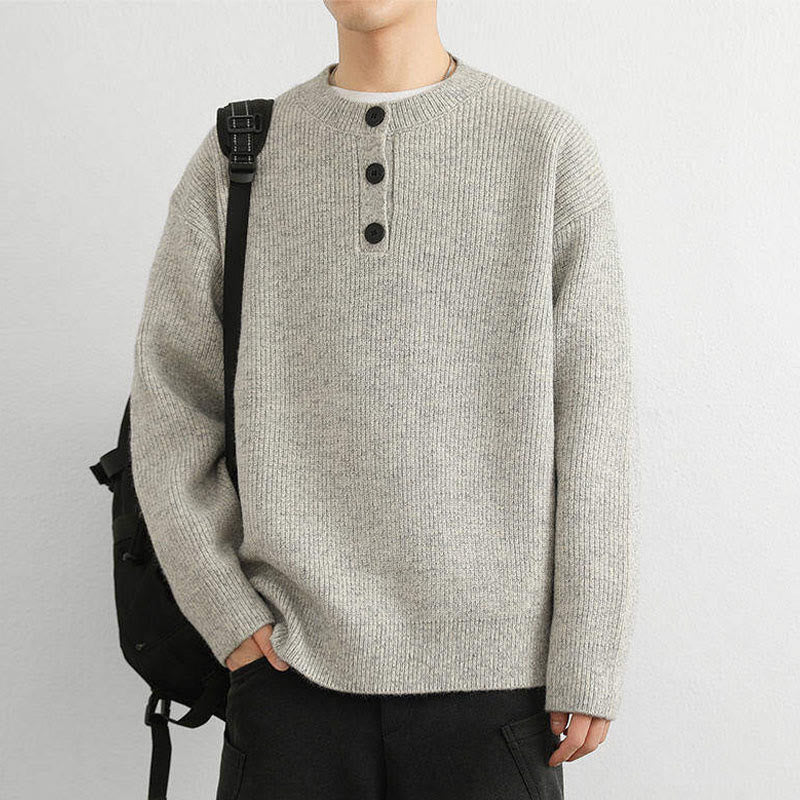 Zimowy sweter męski z długim rękawem i dekoltem w serek z prążkowanym wzorem i guzikami w kształcie Buddha Stones - image 10