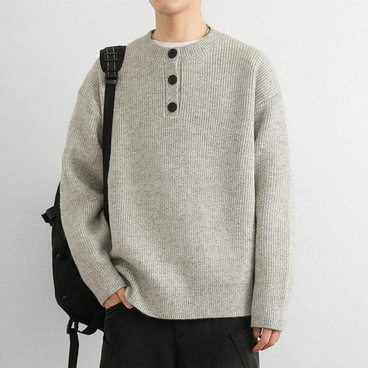 Zimowy sweter męski z długim rękawem i dekoltem w serek z prążkowanym wzorem i guzikami w kształcie Buddha Stones - image 10