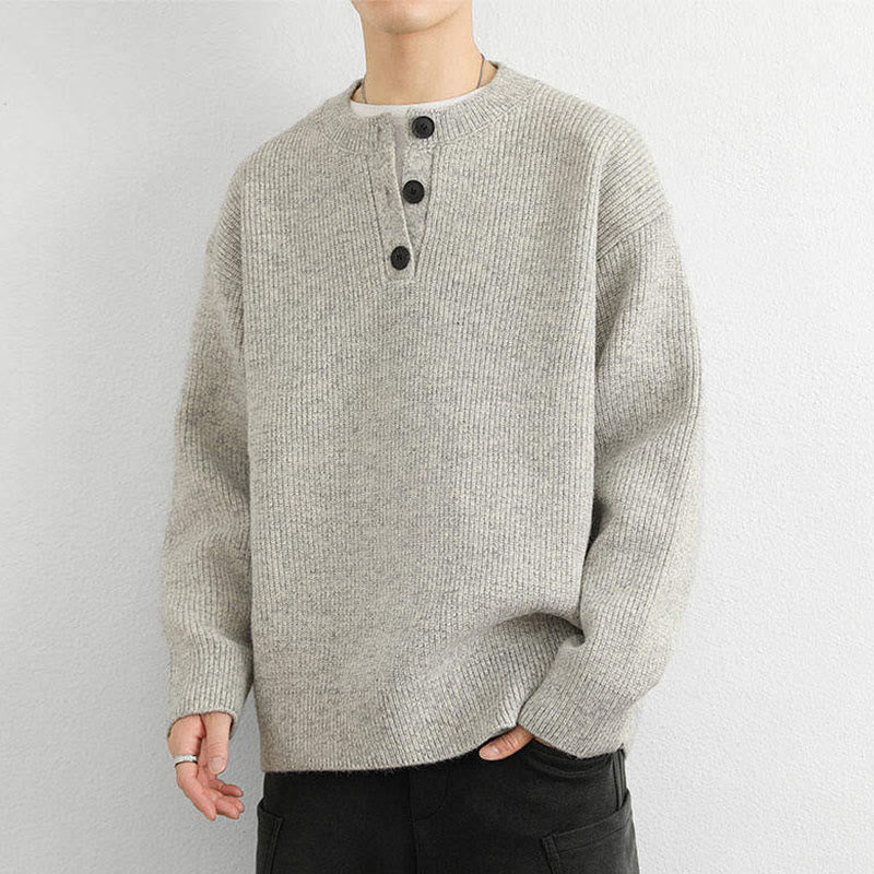 Zimowy sweter męski z długim rękawem i dekoltem w serek z prążkowanym wzorem i guzikami w kształcie Buddha Stones - image 9
