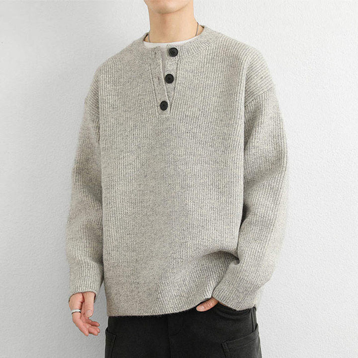 Zimowy sweter męski z długim rękawem i dekoltem w serek z prążkowanym wzorem i guzikami w kształcie Buddha Stones - image 9