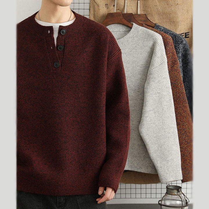 Zimowy sweter męski z długim rękawem i dekoltem w serek z prążkowanym wzorem i guzikami w kształcie Buddha Stones - image 17