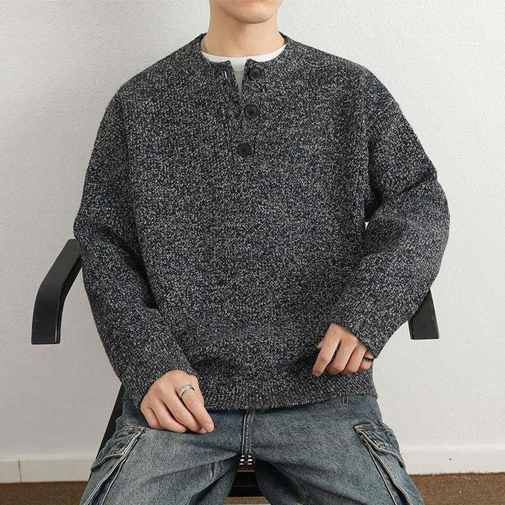 Zimowy sweter męski z długim rękawem i dekoltem w serek z prążkowanym wzorem i guzikami w kształcie Buddha Stones - image 23