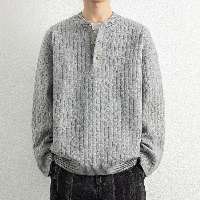 Zimowy sweter męski z długim rękawem i okrągłym dekoltem w kształcie Buddha Stones U z trzema guzikami i skręconym wzorem - Jasnoszary - US/UK/AU42， EU52 (3XL) - image 11