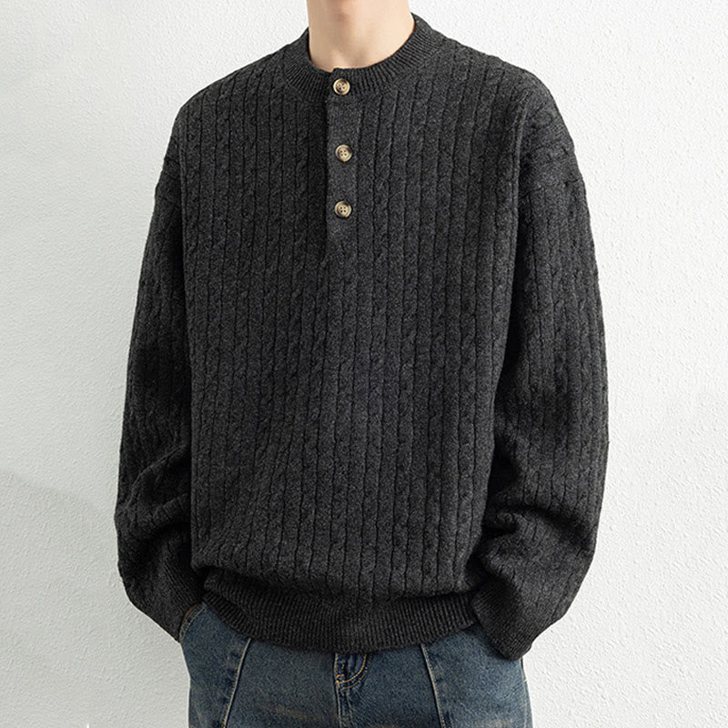 Zimowy sweter męski z długim rękawem i okrągłym dekoltem w kształcie Buddha Stones U z trzema guzikami i skręconym wzorem - image 16