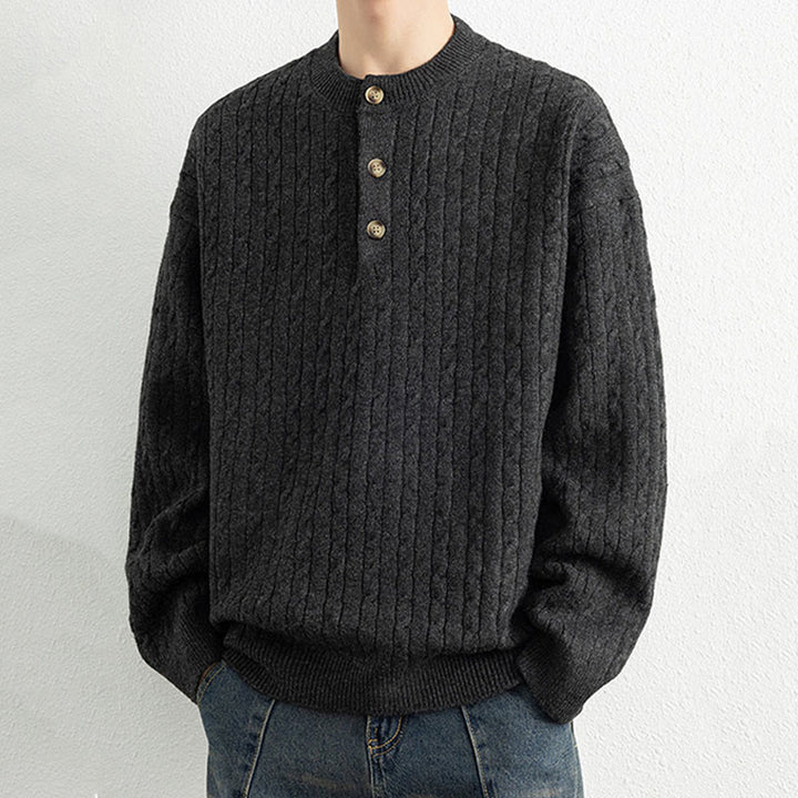 Zimowy sweter męski z długim rękawem i okrągłym dekoltem w kształcie Buddha Stones U z trzema guzikami i skręconym wzorem - image 16