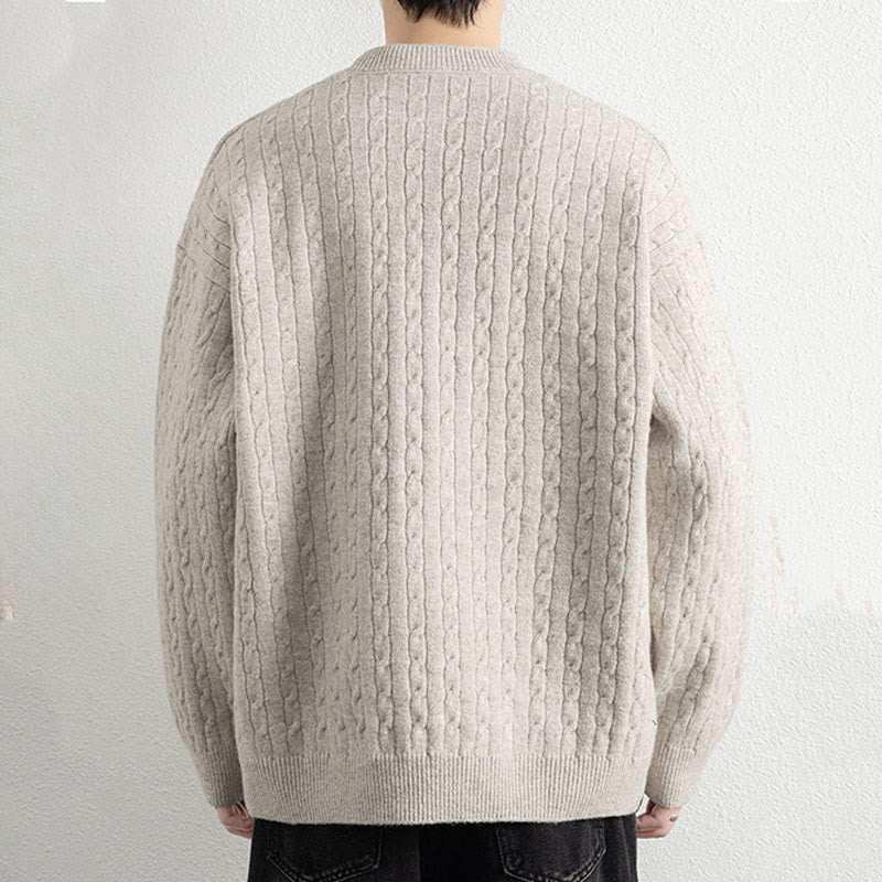 Zimowy sweter męski z długim rękawem i okrągłym dekoltem w kształcie Buddha Stones U z trzema guzikami i skręconym wzorem - image 2