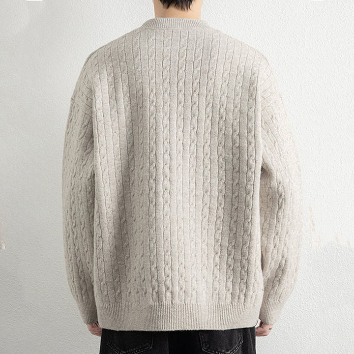 Zimowy sweter męski z długim rękawem i okrągłym dekoltem w kształcie Buddha Stones U z trzema guzikami i skręconym wzorem - image 2