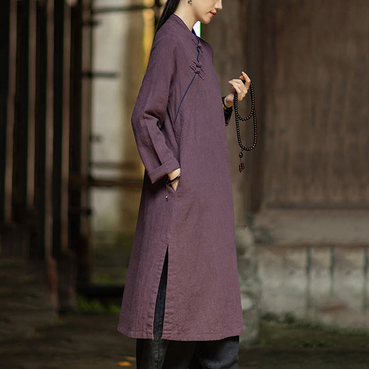 Sukienka midi z ramii z lnianymi ramiami, z długimi rękawami i kieszeniami, z Buddha Stones i żabą, zapinana na guziki - image 17