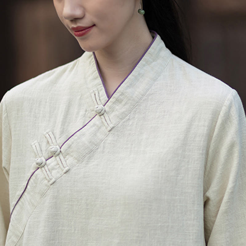 Sukienka midi z ramii z lnianymi ramiami, z długimi rękawami i kieszeniami, z Buddha Stones i żabą, zapinana na guziki - image 14