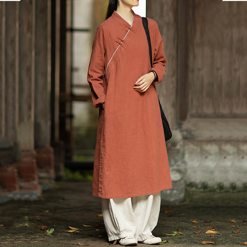 Sukienka midi z ramii z lnianymi ramiami, z długimi rękawami i kieszeniami, z Buddha Stones i żabą, zapinana na guziki - image 5