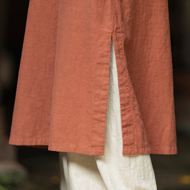 Sukienka midi z ramii z lnianymi ramiami, z długimi rękawami i kieszeniami, z Buddha Stones i żabą, zapinana na guziki - image 7