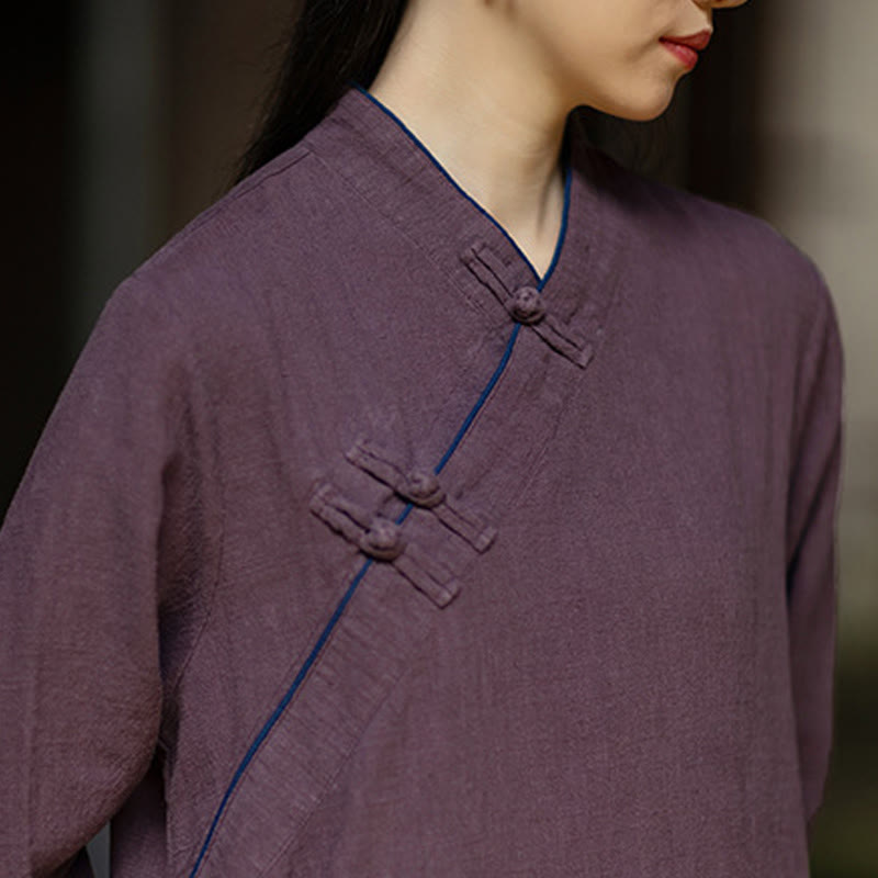 Sukienka midi z ramii z lnianymi ramiami, z długimi rękawami i kieszeniami, z Buddha Stones i żabą, zapinana na guziki - image 21