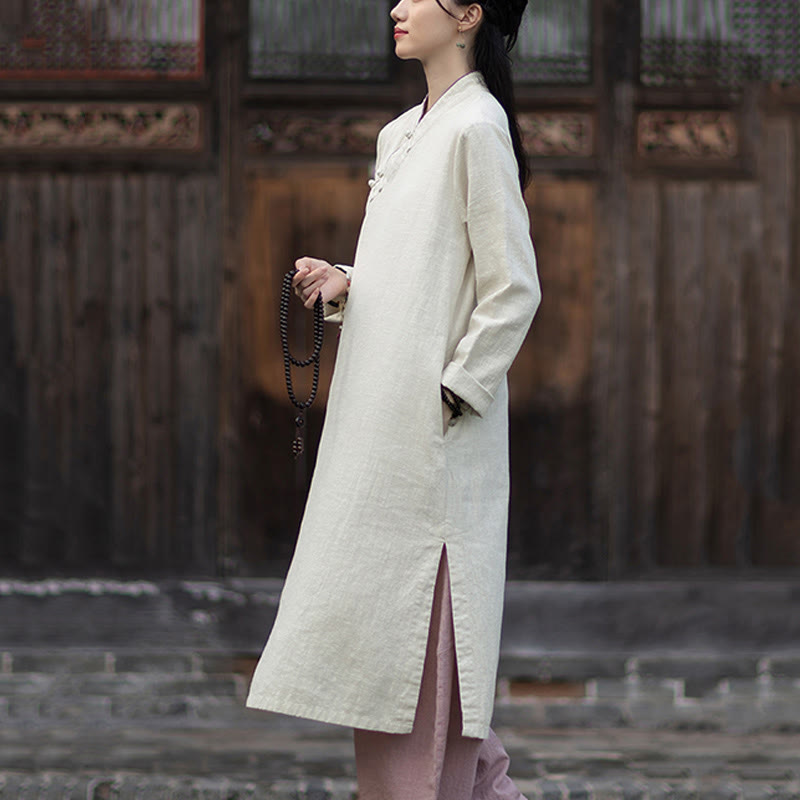 Sukienka midi z ramii z lnianymi ramiami, z długimi rękawami i kieszeniami, z Buddha Stones i żabą, zapinana na guziki - image 13