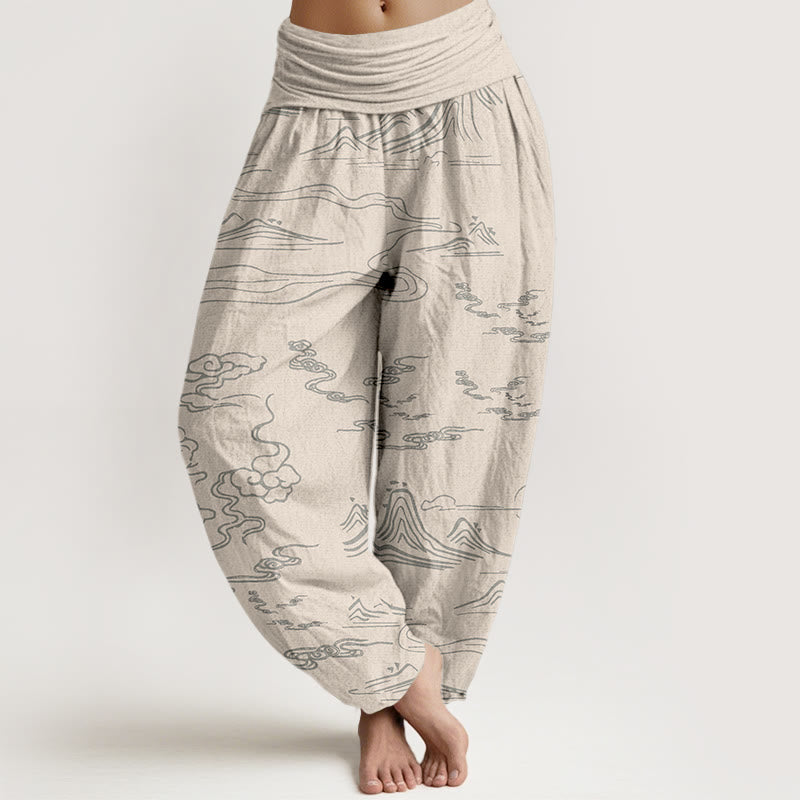 Damskie spodnie haremowe z elastyczną talią i wzorem " Buddha Stones, Góra, Księżyc, Pomyślne Chmury" - Beżowy - US22, UK/AU26, EU54 (6XL) - image 7