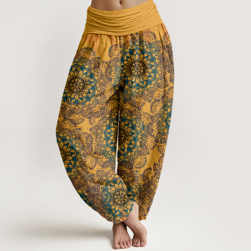 Spodnie haremowe damskie z elastyczną talią i trójkątnymi wzorami mandali z Buddha Stones - Złoto - US22, UK/AU26, EU54 (6XL) - image 10