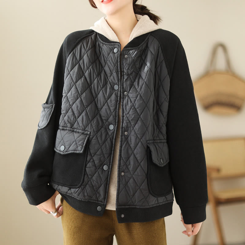 Damska kurtka z długim rękawem i kieszeniami, z wzorem diamentowym „Buddha Stones” - Czarny - US8-10，UK/AU12-14，EU40-42 (2XL) - image 11