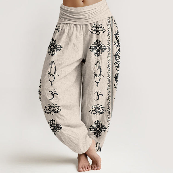 Buddha Stones haremowe damskie z elastyczną talią i bawełnianymi kwiatami lotosu z motywem Dorje Vajra Namaste Om - Beżowy - US22, UK/AU26, EU54 (6XL) - image 8