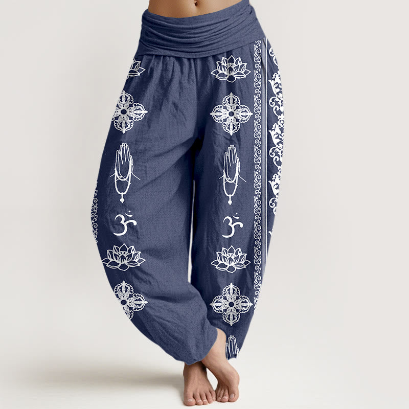 Buddha Stones haremowe damskie z elastyczną talią i bawełnianymi kwiatami lotosu z motywem Dorje Vajra Namaste Om - Stalowoniebieski - US22, UK/AU26, EU54 (6XL) - image 11
