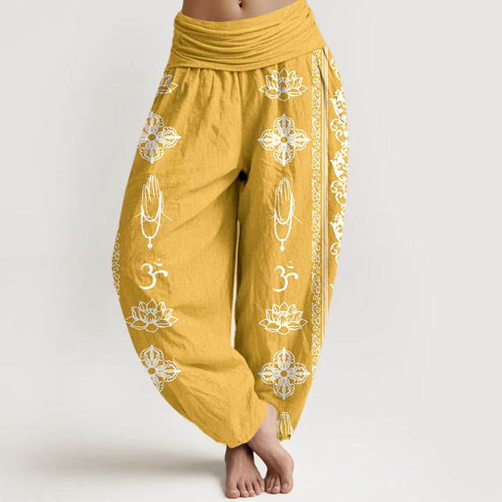 Buddha Stones haremowe damskie z elastyczną talią i bawełnianymi kwiatami lotosu z motywem Dorje Vajra Namaste Om - Złoto - US22, UK/AU26, EU54 (6XL) - image 14