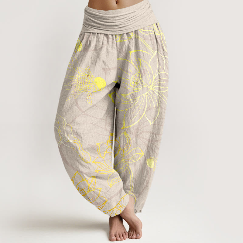 Damskie spodnie haremowe z elastyczną talią i bawełnianym nadrukiem w kształcie Buddha Stones lotosu z motywem ryby Koi - Beżowy - US22, UK/AU26, EU54 (6XL) - image 7
