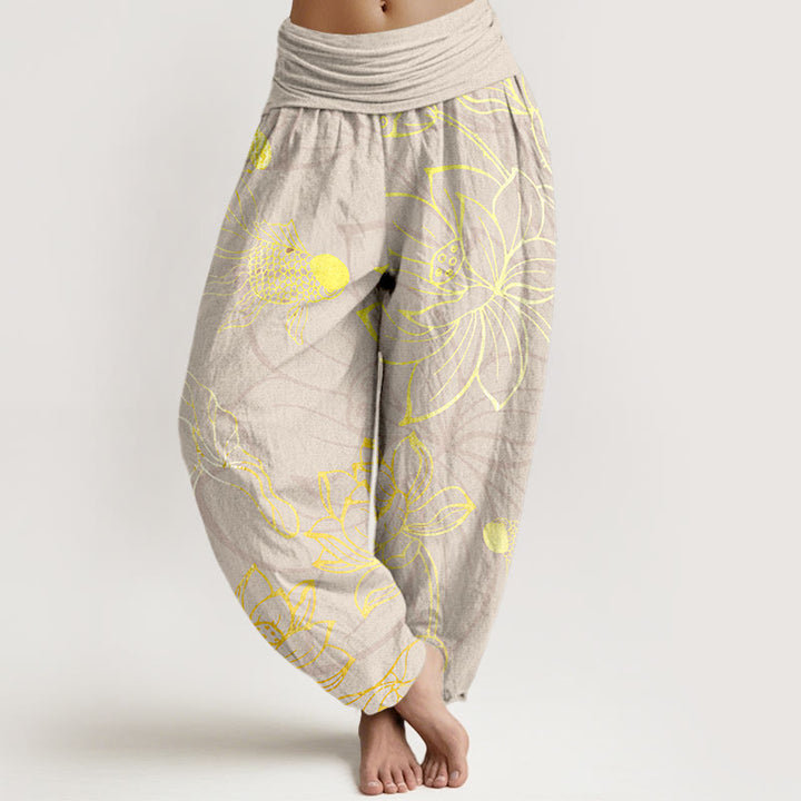 Damskie spodnie haremowe z elastyczną talią i bawełnianym nadrukiem w kształcie Buddha Stones lotosu z motywem ryby Koi - Beżowy - US22, UK/AU26, EU54 (6XL) - image 7