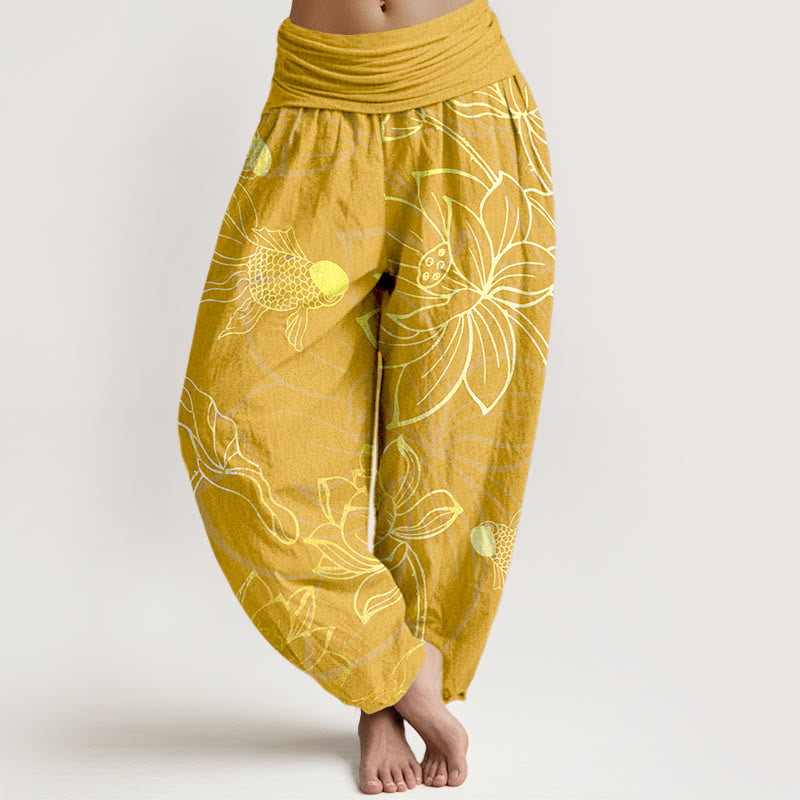 Damskie spodnie haremowe z elastyczną talią i bawełnianym nadrukiem w kształcie Buddha Stones lotosu z motywem ryby Koi - Złoto - US22, UK/AU26, EU54 (6XL) - image 10